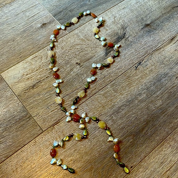 Pearl Necklace, Precious Stones & Genuine Pearls. Green, Amber, Tie Design. - Picture 1 of 9
